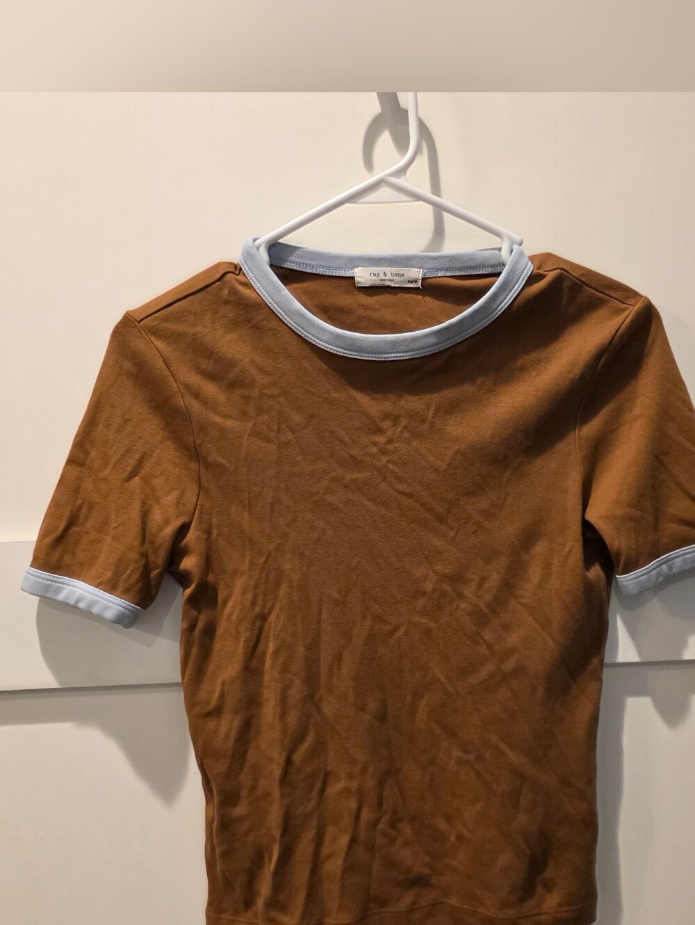 Rag & Bone Shirt Womens XS Brown Blue Short Sleeve Ringer Pima Cotton Baby Tee